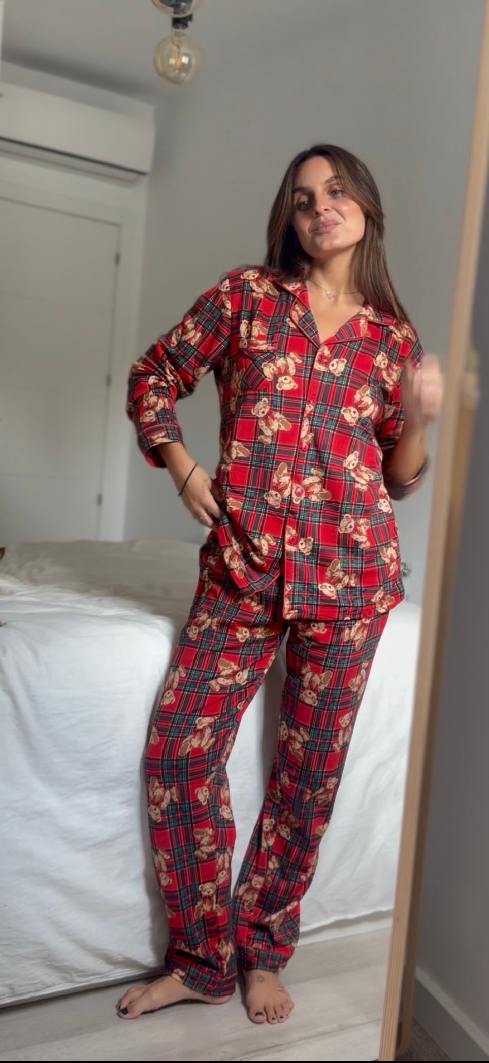PIJAMA CUADROS OSO ROJO